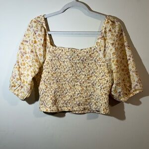 Able Erna Smocked Blouse Women’s Large Watercolor Floral Boho Beach yellow